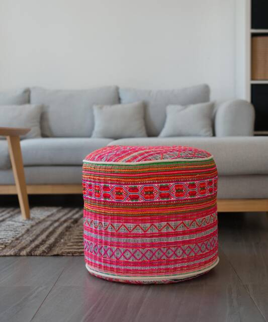 Vintage Hmong Tribal Ottoman Pouf, Embroidered Pink Floor Cushion - image 1