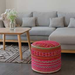 Vintage Hmong Tribal Ottoman Pouf, Embroidered Pink Floor Cushion - thumbnail 3