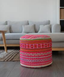 Vintage Hmong Tribal Ottoman Pouf, Embroidered Pink Floor Cushion - thumbnail 1