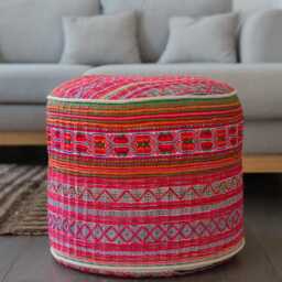 Vintage Hmong Tribal Ottoman Pouf, Embroidered Pink Floor Cushion - thumbnail 2