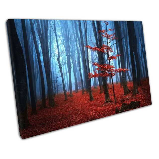 Blue Morning Mist Canvas Wall Art Red Leaves Tree Home Decor - image 1