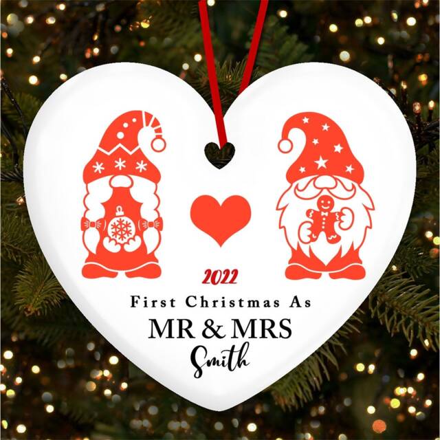 First As Mr & Mrs Gnomes Heart Personalised Christmas Tree Ornament Decoration