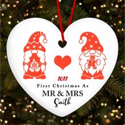 First As Mr & Mrs Gnomes Heart Personalised Christmas Tree Ornament Decoration