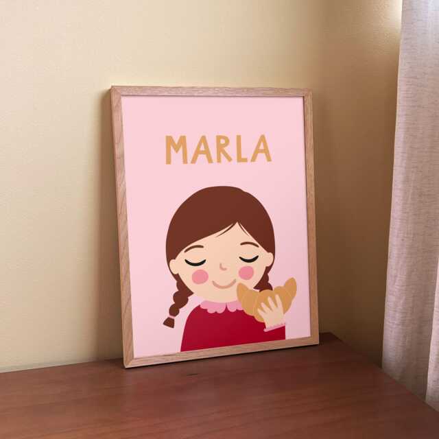 Personalized Girl Portrait Brown Hair & Croissant - Custom Nursery Wall Art With Name - image 1