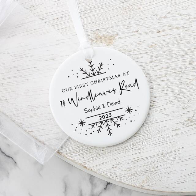 Personalised First Christmas Ceramic Decoration, 1st Family Ornament Keepsake, Road Name Gift, Bauble Decoration - image 1