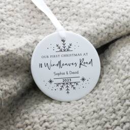 Personalised First Christmas Ceramic Decoration, 1st Family Ornament Keepsake, Road Name Gift, Bauble Decoration - thumbnail 2