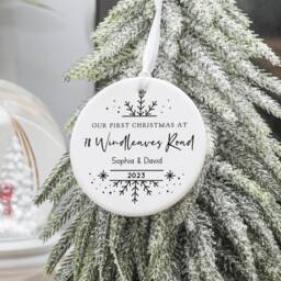 Personalised First Christmas Ceramic Decoration, 1st Family Ornament Keepsake, Road Name Gift, Bauble Decoration - thumbnail 3