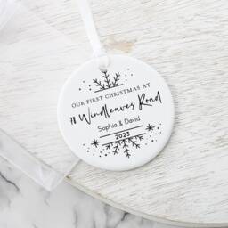 Personalised First Christmas Ceramic Decoration, 1st Family Ornament Keepsake, Road Name Gift, Bauble Decoration - thumbnail 1