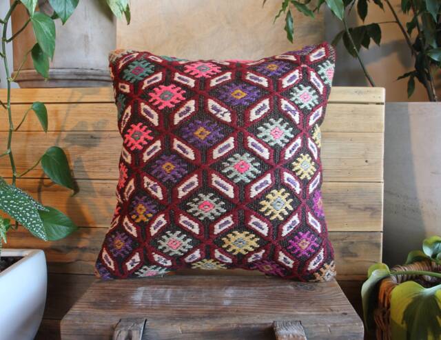 Vintage Kilim Pillow Cover - Handwoven Wool, Boho Cushion - 16 Inch - image 1