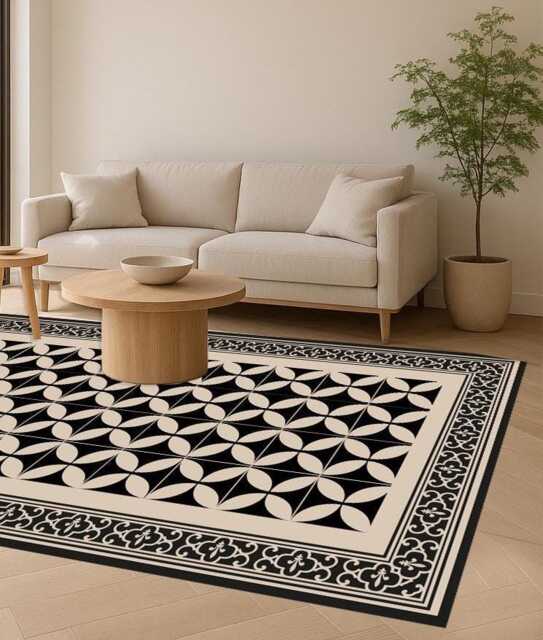 Black & Beige Geometric Vinyl Rug Mediterranean Tile Design - image 1