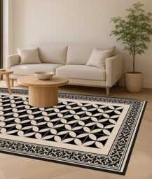 Black & Beige Geometric Vinyl Rug Mediterranean Tile Design - thumbnail 1