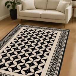Black & Beige Geometric Vinyl Rug Mediterranean Tile Design - thumbnail 4