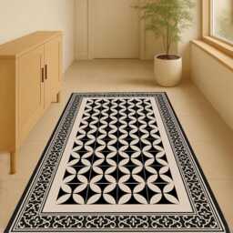 Black & Beige Geometric Vinyl Rug Mediterranean Tile Design - thumbnail 3