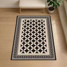Black & Beige Geometric Vinyl Rug Mediterranean Tile Design - thumbnail 2
