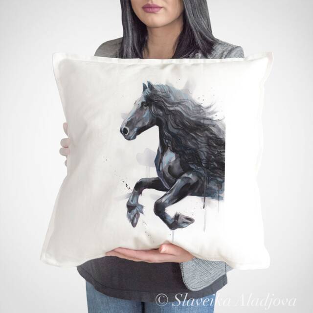 Friesian Horse Throw Pillow Cover By Slaveika Aladjova, Cushion Cover, Decorative Pillow Cover, Animal Art, Watercolor Pillow, Christmas Gift - image 1