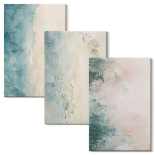 Canvas Wall Art Set Of 3 - Watercolor Paintings On Canvas, Minimalist Style, Turquoise Print Natural Textures Hanging Piece - image 1