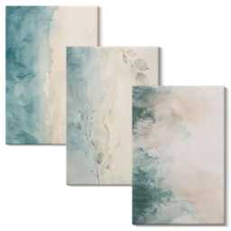 Canvas Wall Art Set Of 3 - Watercolor Paintings On Canvas, Minimalist Style, Turquoise Print Natural Textures Hanging Piece
