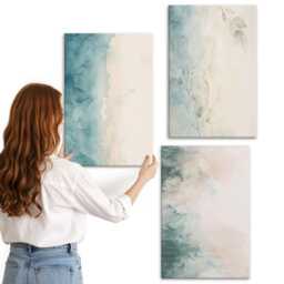 Canvas Wall Art Set Of 3 - Watercolor Paintings On Canvas, Minimalist Style, Turquoise Print Natural Textures Hanging Piece - thumbnail 2