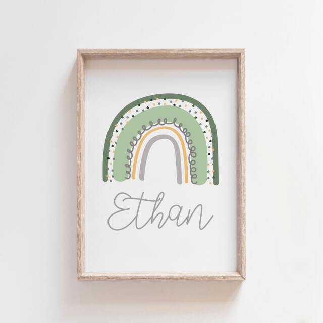 Sage Green & Mustard Rainbow Print, Personalised Nursery Baby Gift, Boy, Wall Art, Playroom Prints, Boys Bedroom Decor - image 1