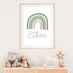 Sage Green & Mustard Rainbow Print, Personalised Nursery Baby Gift, Boy, Wall Art, Playroom Prints, Boys Bedroom Decor - thumbnail 2