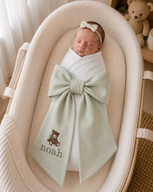 Custom Boy Bear Embroidered Newborn Bow Sash, Baby Hospital Teddy Swaddle, Picture Shower Gift - image 1