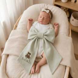 Custom Boy Bear Embroidered Newborn Bow Sash, Baby Hospital Teddy Swaddle, Picture Shower Gift - thumbnail 3