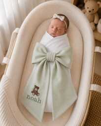 Custom Boy Bear Embroidered Newborn Bow Sash, Baby Hospital Teddy Swaddle, Picture Shower Gift
