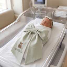 Custom Boy Bear Embroidered Newborn Bow Sash, Baby Hospital Teddy Swaddle, Picture Shower Gift - thumbnail 2
