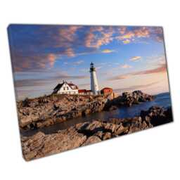 Portland Head Lighthouse Canvas Maine Coastal Sunrise Wall Art For Home & Office Decor - thumbnail 1