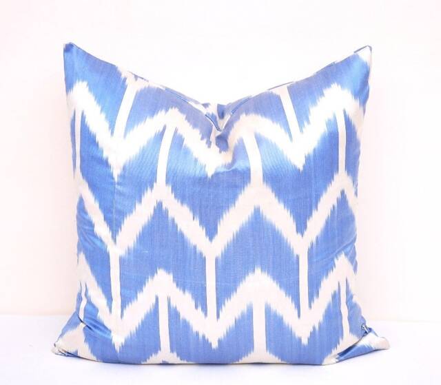 Blue Ikat Pillow Cover, Handloom Silk Cotton Cushion - 20x20 In