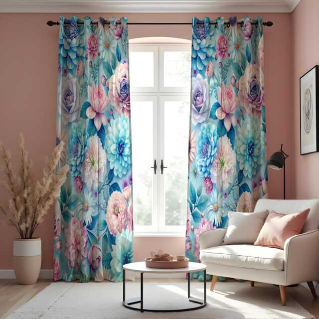 Blue Floral Curtains, Watercolor Peony & Rose Drapes, Botanical Print Panels, Custom Made Eyelet Or Rod Pocket Curtains - image 1