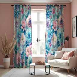 Blue Floral Curtains, Watercolor Peony & Rose Drapes, Botanical Print Panels, Custom Made Eyelet Or Rod Pocket Curtains - thumbnail 1