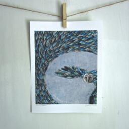Owl Art Print, Blue Night Owl, Kids Room Decor, Wall Art, Moonlit Feathers, Archival 8.5 X 11 Print - thumbnail 2