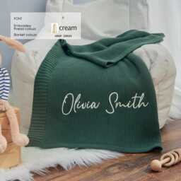 Organic Cotton Knit Baby Blanket, Custom Name Embroidery - thumbnail 1