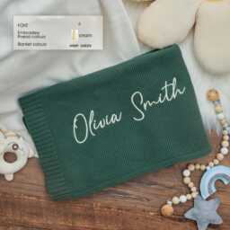 Organic Cotton Knit Baby Blanket, Custom Name Embroidery - thumbnail 3