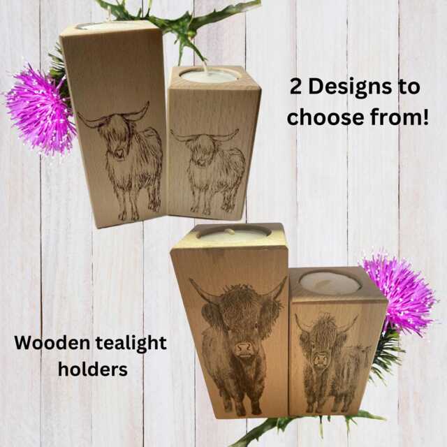 Highland Cow Tealight Holder Set Rustic Farmhouse Beech Wood Decor - image 1