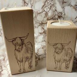 Highland Cow Tealight Holder Set Rustic Farmhouse Beech Wood Decor - thumbnail 2