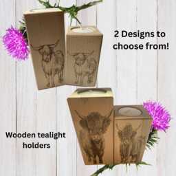 Highland Cow Tealight Holder Set Rustic Farmhouse Beech Wood Decor - thumbnail 1