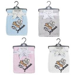 Personalised Embroidered Baby Waffle Safari Zebra Giraffe Elephant Blankets 90cm 6 Colors Super Soft - thumbnail 1