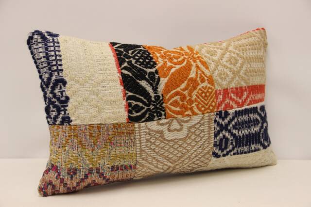Vintage Turkish Lumbar Pillow Cover, Handmade Wool Patchwork, 12x20 - image 1