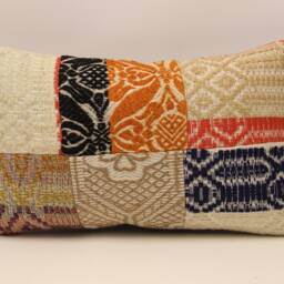 Vintage Turkish Lumbar Pillow Cover, Handmade Wool Patchwork, 12x20 - thumbnail 2