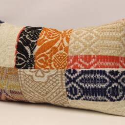 Vintage Turkish Lumbar Pillow Cover, Handmade Wool Patchwork, 12x20 - thumbnail 3