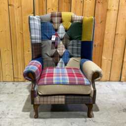 British Handmade Multi Coloured Wool Patchwork High Back Wing Chair - Leather Details. Extra Wide & Deep With Removable Cushion Seat - thumbnail 2