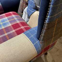 British Handmade Multi Coloured Wool Patchwork High Back Wing Chair - Leather Details. Extra Wide & Deep With Removable Cushion Seat - thumbnail 4