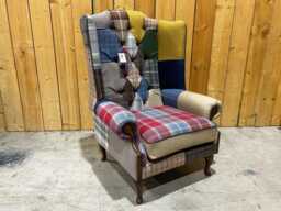 British Handmade Multi Coloured Wool Patchwork High Back Wing Chair - Leather Details. Extra Wide & Deep With Removable Cushion Seat - thumbnail 1