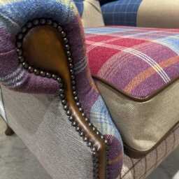 British Handmade Multi Coloured Wool Patchwork High Back Wing Chair - Leather Details. Extra Wide & Deep With Removable Cushion Seat - thumbnail 3