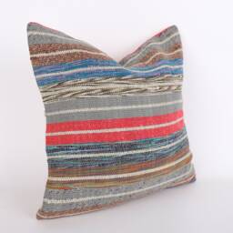 Vintage Turkish Kilim Pillow Cover 16'' Handwoven Wool Throw - thumbnail 3