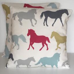 "2 X Stampede Equestrian Horse Print Cotton Scatter Pillow Cushion Covers - 16"" 16" - thumbnail 2