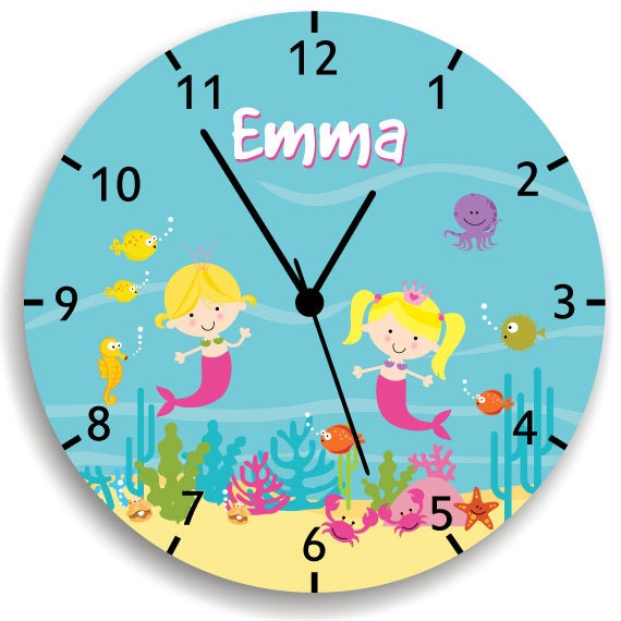Kids Personalized Mermaids Wall Clock, Nursery Decor, Mermaid Wall Art