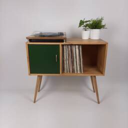 Oak Record Cabinet With Green Door - Mid-Century Modern Media Console - thumbnail 3
